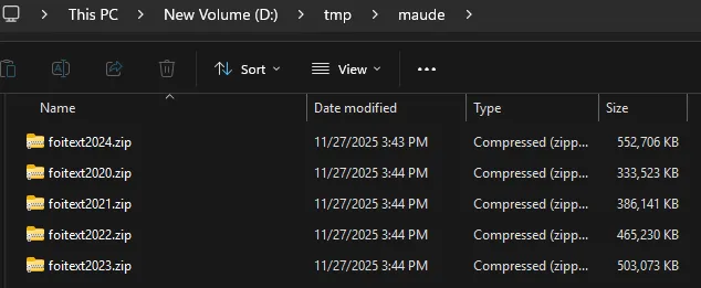 Windows folder containing MAUDE zip files