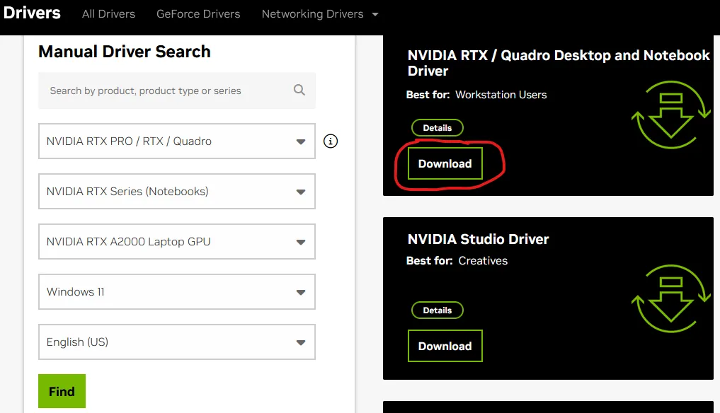 Screenshot of driver download page.