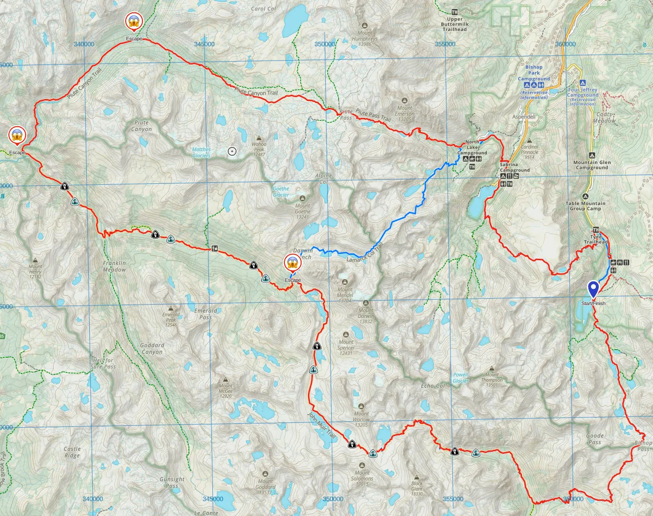 Map of the South Lakes Loop trail.