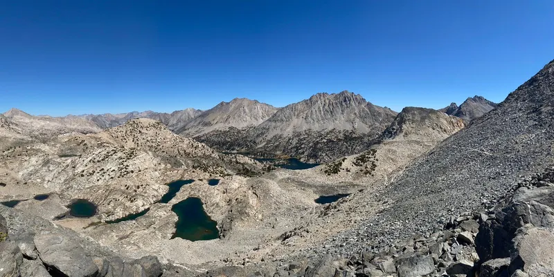 Center: Rae Lakes as seen from the summit of Glen Pass. Left: Unnamed lakes.