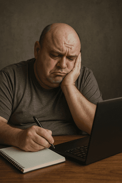 Handsome software engineer pondering what to write for a blog post.